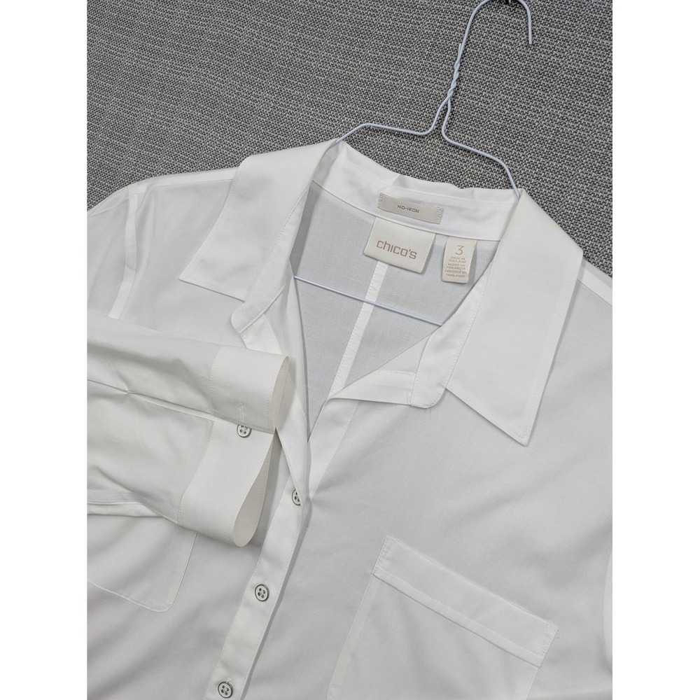 Chicos Shirt Womens 3 White No Iron Cotton Stretch Button Up Long Sleeve Top